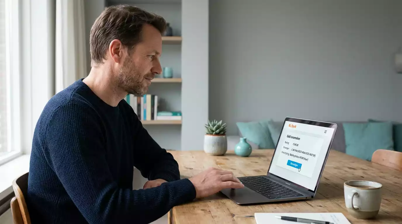 Persoon voert een directe online bankoverschrijving uit op een laptop, het principe achter Sofort